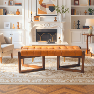 Sunvega Mid-Century Riley Tan Leather Bench with Solid Wood Frame and Tapered Legs