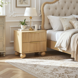 Sunvega Modern Bedroom Nightstand with Fluted Panels and Rounded Bun Feet in Light Oak