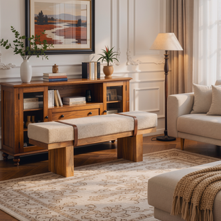 Sunvega Solid Mango Wood Belmont Cream Boucle Bench with Buffalo Leather Straps