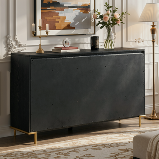 Sunvega Black Wood Grain Dresser with Eight Spacious Drawers and Gold Accents