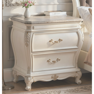 Sunvega Pearl White 2-Drawer Nightstand with Granite Top and Queen Anne Legs