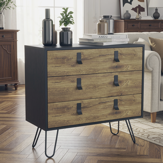 Sunvega Modern Black Macadamia Chest of Drawers with Hairpin Legs and Metal Accents