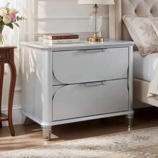 Sunvega Sleek Silver Tone Nightstand with Spacious Drawers and Textured Fronts
