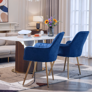 Sunvega Blue Velvet Mid-Back Dining Chairs with Gold Plated Legs for Living Room