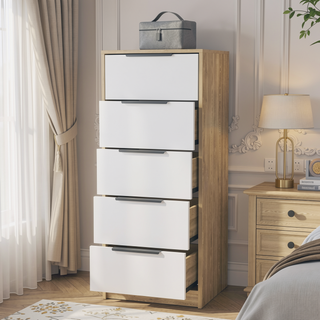 Sunvega White Pine Modern Vertical Five Drawer Dresser for Narrow Spaces
