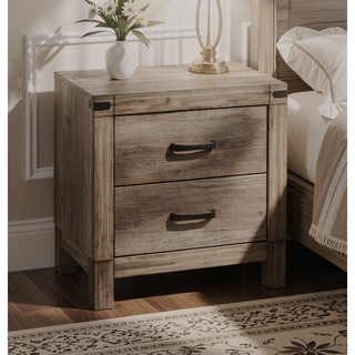 Sunvega Contemporary Rustic Two Drawer Nightstand with Melamine Finish and Solid Metal Hardware