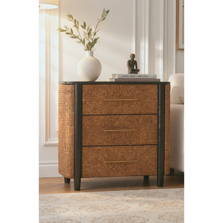Sunvega Mocha-Finished Solid Mango Wood Chest with Handwoven Rattan Drawer