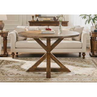 Sunvega Weathered Oak Finish Round Pedestal Dining Table with Wooden X-Design Base