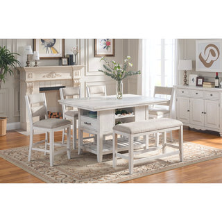 Sunvega Transitional White Finish Upholstered Counter-Height Dining Bench with Linen Look Fabric