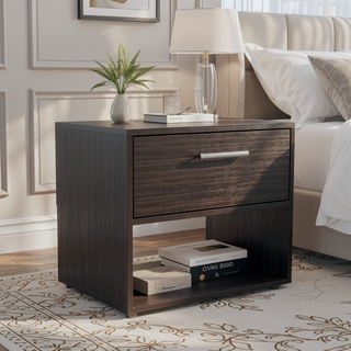 Sunvega Dark Walnut Nightstand with Spacious Drawer and Open Shelf
