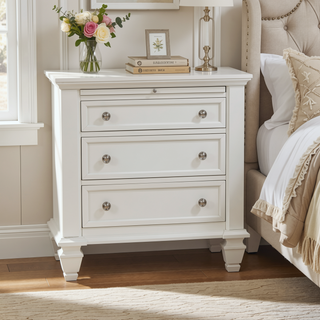 Sunvega Cream White Cottage-Inspired 3-Drawer Nightstand with Slide-Out Tray
