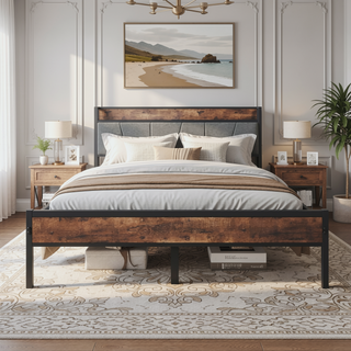 Sunvega Full Size Bed Frame with Storage Headboard and Charging Station Outlets