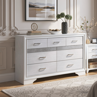 Sunvega Annie White 9-Drawer Dresser with Glittery Front Panel and Hidden Jewelry Drawer