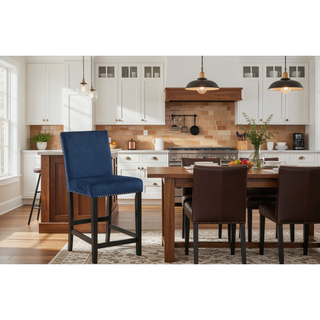 Sunvega Contemporary White Faux Marble Dining Table with 4 Blue Velvet Chairs