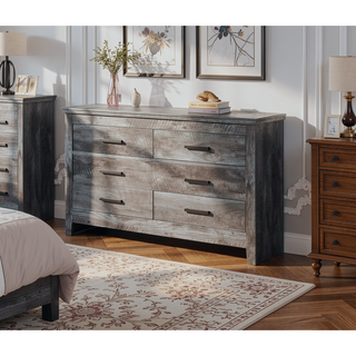 Sunvega Rustic Gray Oak Finish Six-Drawer Dresser with Manual Close Function
