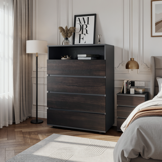 Sunvega Stained Walnut Dresser with Four Spacious Drawers and Open Shelf