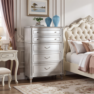 Sunvega Silver Oak 5-Drawer Chest with Hidden Felt-Lined Drawer and Sparkling Accent Panels