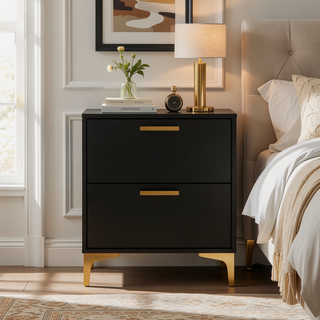 Sunvega Black and Gold 2-Drawer Nightstand with Spacious Storage and Metallic Accents