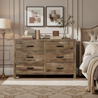 Sunvega Weathered Gray Finish 6 Drawer Dresser Faux Wood Veneer Bedroom Furniture