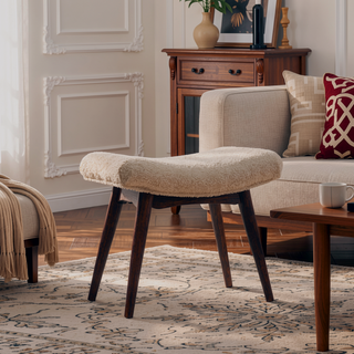 Sunvega Honey Caramel Boucle Cream Curved Bench with Solid Wood Legs for Hallway