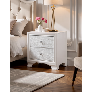 Sunvega Modern Glam White Crocodile Texture Two Drawer Nightstand with Crystal Pulls