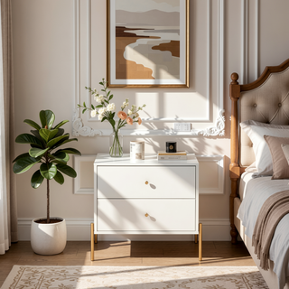 Sunvega Modern Nightstand in Off White with Two Full Extension Drawers