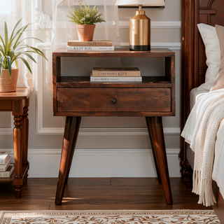 Sunvega Modern Chestnut Solid Wood Bedside Table with Drawer and Open Slot