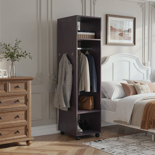 Sunvega Freestanding Wardrobe with Mirror, Shelves, Hanging Rod and Casters for Bedroom