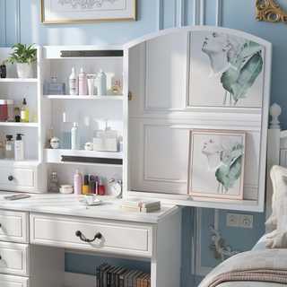 Sunvega White Vanity Desk with Mirror and Lights for Makeup with 6 Drawers