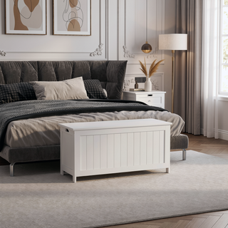 Sunvega White Wooden Storage Chest with Two Safety Hinges and Side Handles