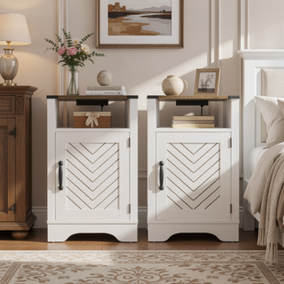 Sunvega White & Oak Farmhouse Nightstand with Electrical Outlets Charging Station and Storage