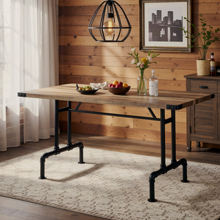 Sunvega Rectangular Oak Top Dining Table with Metal Frame for Modern Living Spaces
