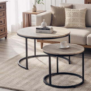 Sunvega Industrial Style Round Nesting Coffee Table Set with Metal Frame for Living Room