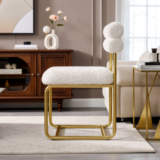 Sunvega Set of Two White Teddy Plush Dining Chairs with Golden Wrought Iron Legs