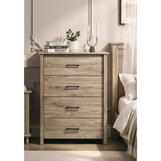Sunvega 32 Inch Light Oak Finish 4-Drawer Chest with Black Metal Handles