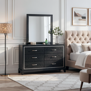 Sunvega Modern Black Nightstand with Two Drawers and Built-In AC USB Outlets