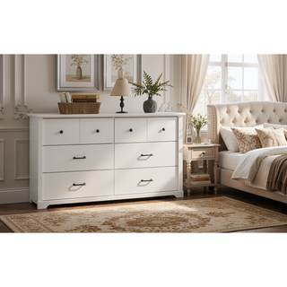 Sunvega 57 Inch White Dresser with 6 Drawers and Black Metal Handles