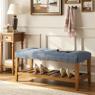 Sunvega Light Blue and Oak Tufted Padded Seat Bench with Open Slatted Shelf