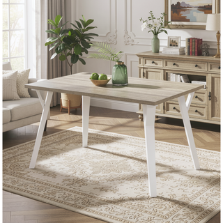 Sunvega White and Natural Wood Rectangular Dining Table with Saber Legs for 6