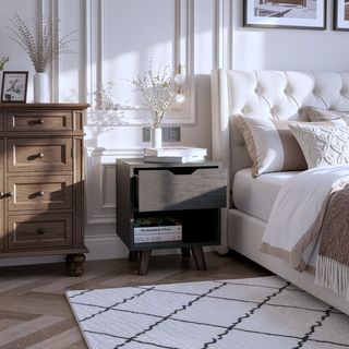 Sunvega Modern Nightstand with Open Shelf and Drawer on Wooden Legs