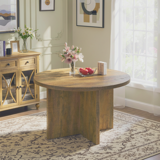 Sunvega Mango Brown Round Dining Table with Sculpted Geometric Base and X-Cross Legs