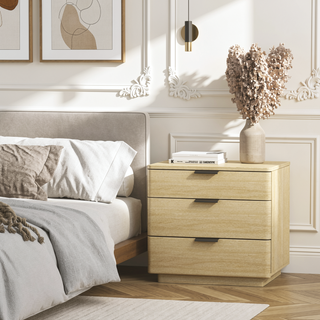 Sunvega Modern Oak Nightstand with 3 Drawers and Glam Metal Handles for Bedroom