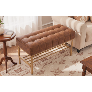 Sunvega Teddy Fabric Upholstered Storage Bench with Shelf for Bedroom Living Room
