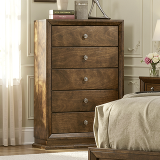 Sunvega Transitional Walnut Finish Chest with 5 English Dovetail Drawers and Metal Knobs