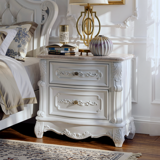 Sunvega White Transitional Nightstand with Faux Wood Carving and Nickel Hanging Pulls