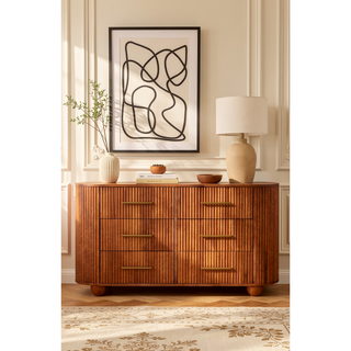 Sunvega Solid Mango Wood Ridgefront Chest with Six Ribbed Drawers in Amber Oak Finish