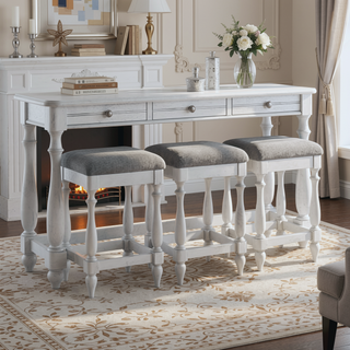 Sunvega Coastal Style Oyster Shell Gray Sofa Table With Three Stools