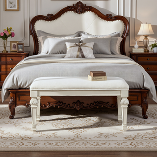 Sunvega Creamy White Traditional Bench with Diamond Button Tufting and Silver Finish