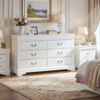 Sunvega Ryla White Solid Wood Wide Dresser with Six Drawers and Nickel Handles