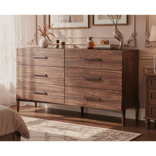 Sunvega Walnut Finish Six Drawer Dresser with Antique Bronze Hardware and Metal X Base